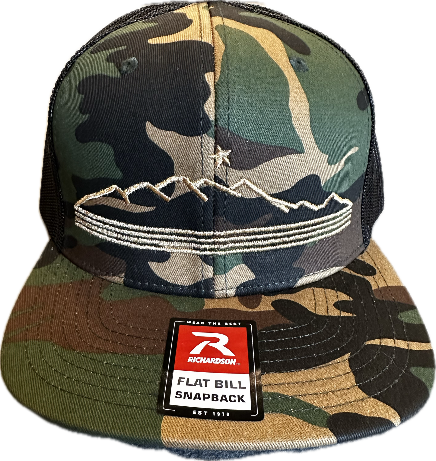 Classic Flat Bill Richardson Camo Cap With Gold Outline Ridgeline Farms Logo