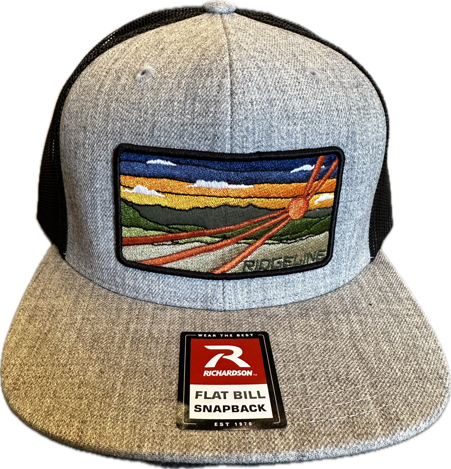 NEW!! Ridgeline Retro Patch logo on Classic Flat Bill Richardson Cap- Heather Grey/ Black