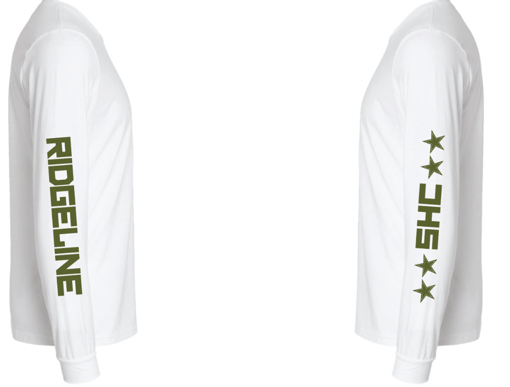 Ring-Spun White Cotton Long Sleeve T with Ridgeline Farms Rasta Logo