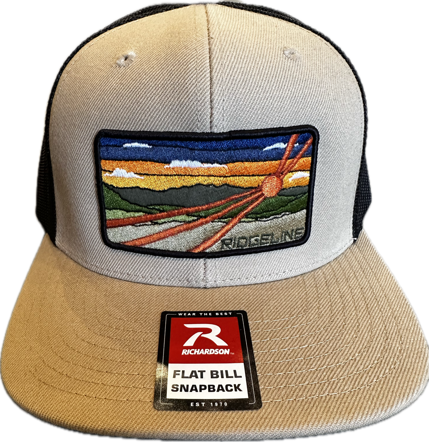 NEW!! Ridgeline Retro Patch logo on Classic Flat Bill Richardson Cap- Khaki/ Black