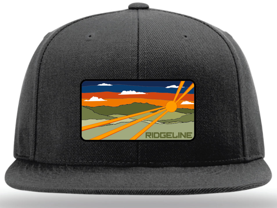 NEW!! Ridgeline Retro Patch logo on Classic Flat Bill Richardson Cap- Black/ Black Acrylic-Wool Blend Flatbill Snapback.