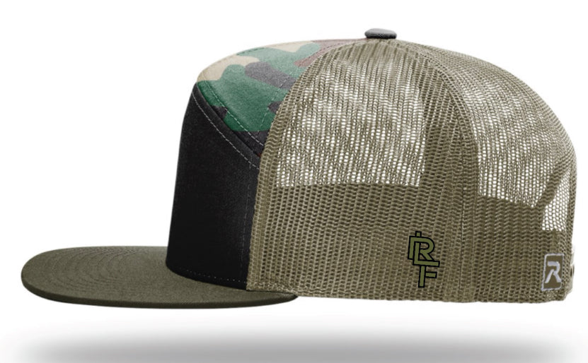 Richardson 168 7 Panel Trucker Cap with Rasta Logo- Black/Green Camo/Loden