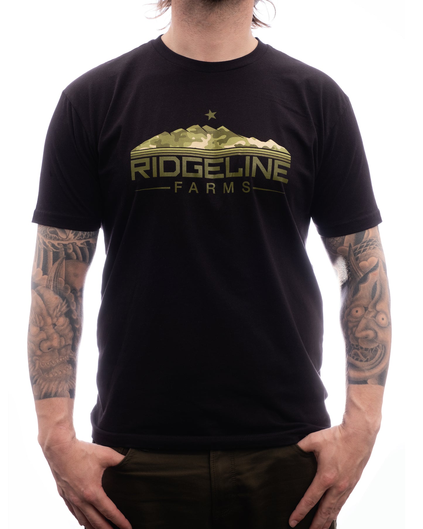 100% Ring-spun Cotton Tee with Green Camo Mountain Ridgeline Logo - Black