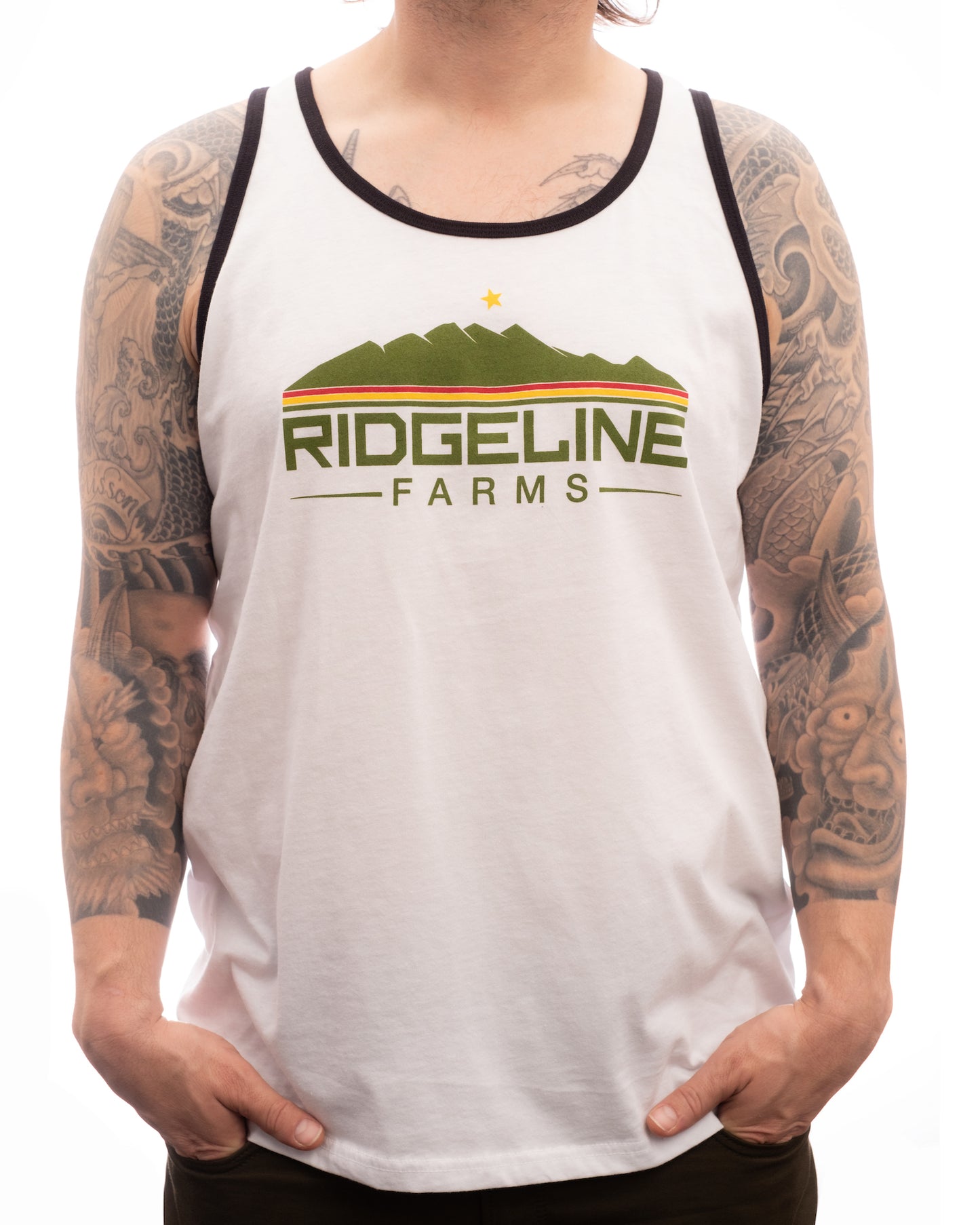 Mens White Tank Rasta Ridgeline Logo