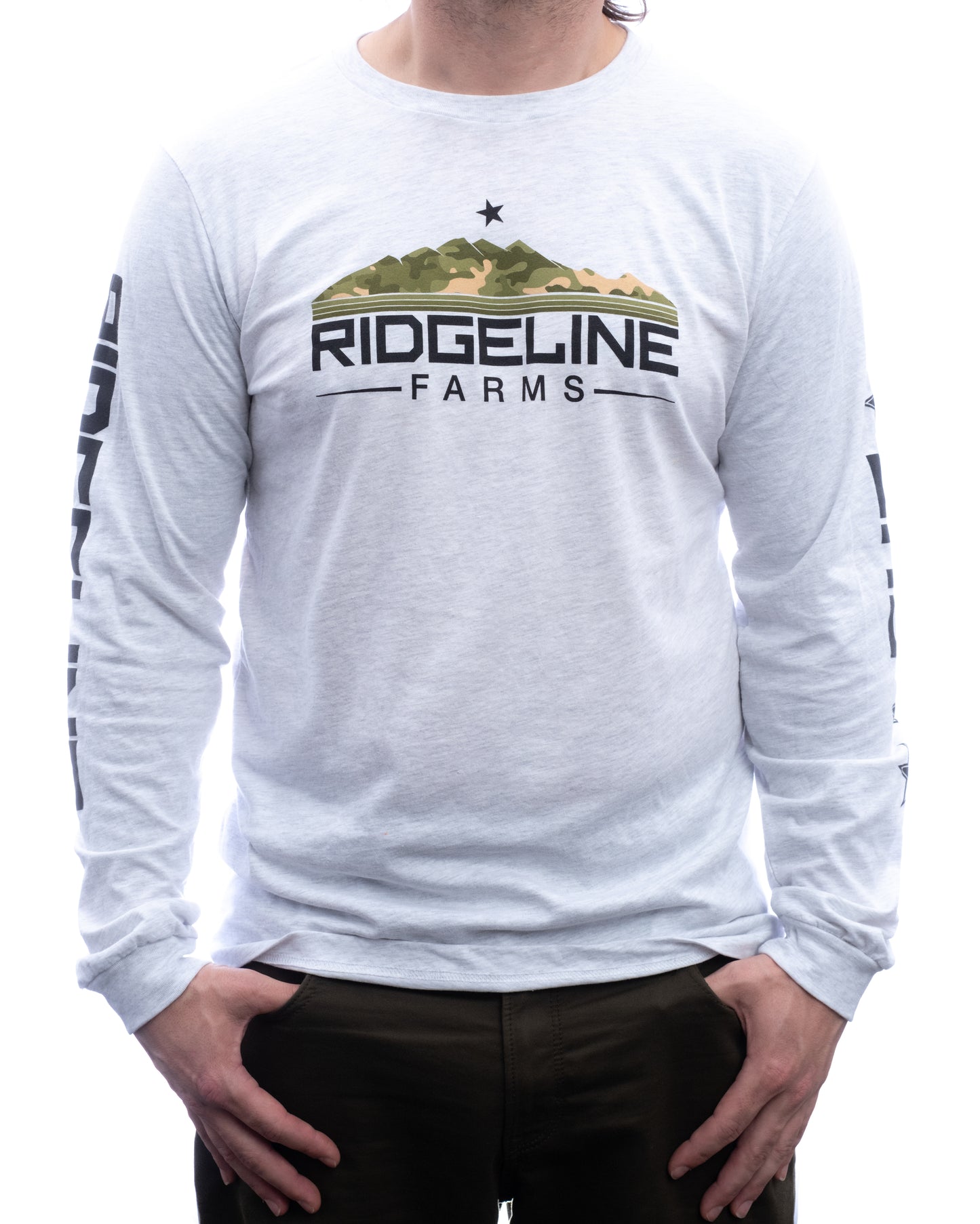 100% Ring-spun Cotton Long Sleeve Tee with Camo Mountain Ridgeline Logo - White