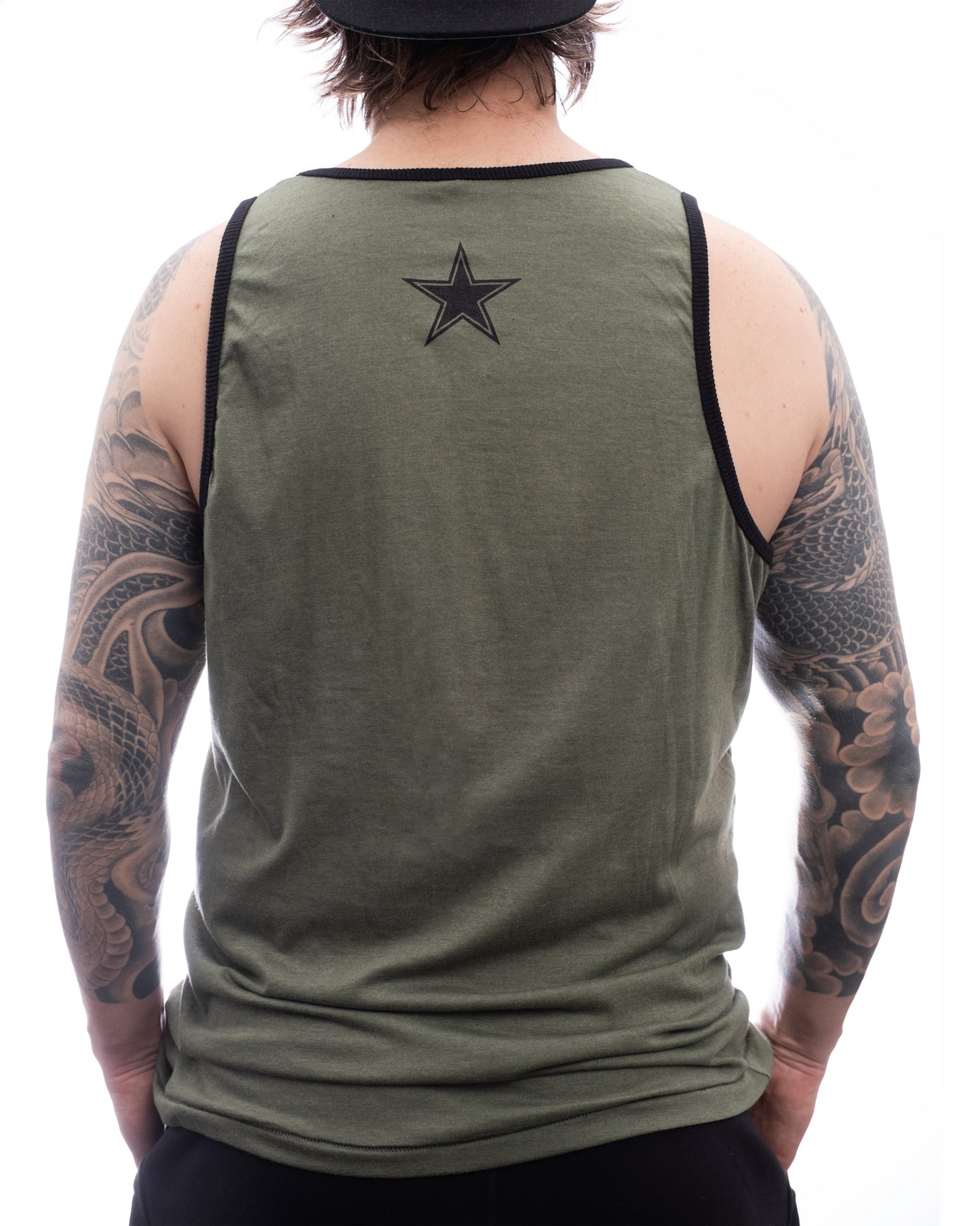 Mens Ringer Tank OG Ridgeline Logo- Heather Military/Black