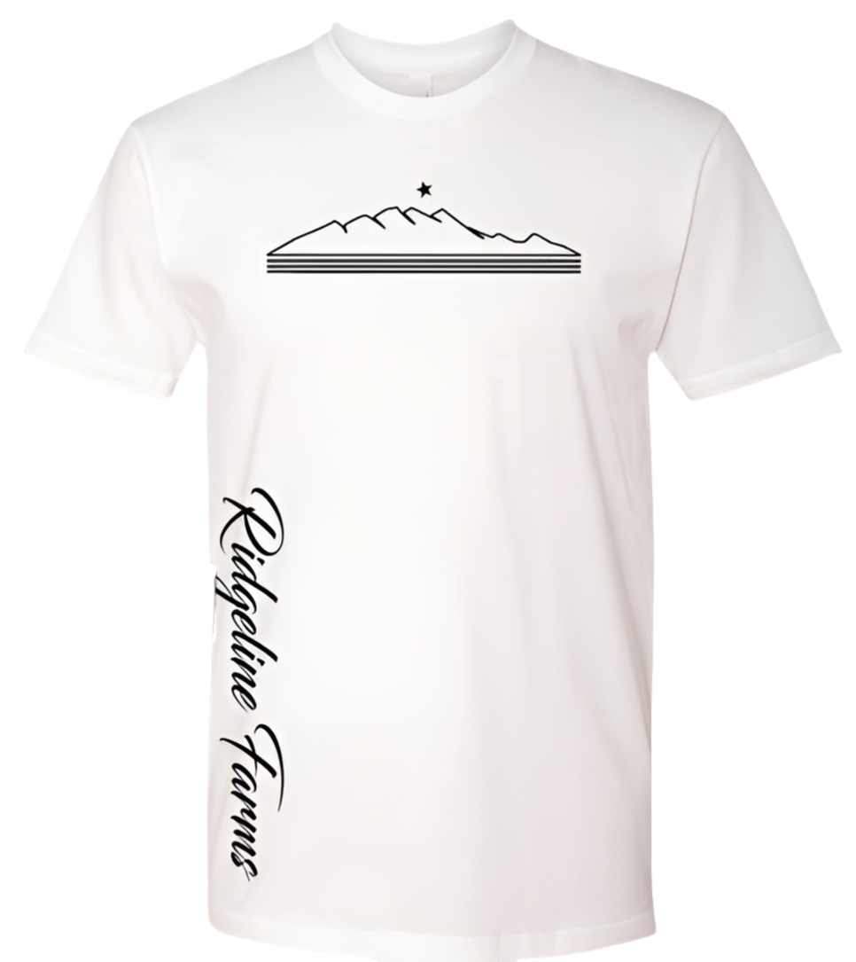 Next Level - Cotton T-Shirt w/ single color Ridgeline OUTLINE logo on front, Script Text on BOTH LEFT front and back