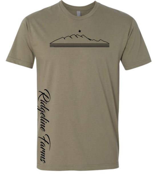 Next Level - Cotton T-Shirt w/ single color Ridgeline OUTLINE logo on front, Script Text on BOTH LEFT front and back